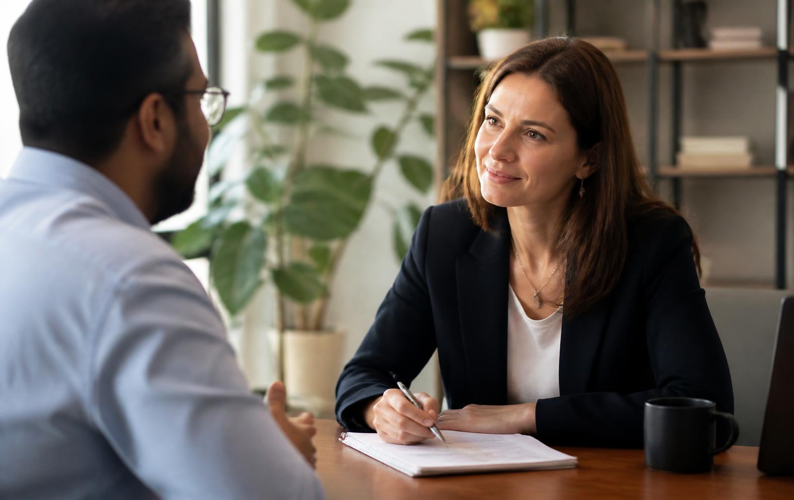 Consultora escuchando a un cliente durante una reunión de trabajo